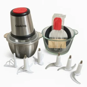 Accessoires du hachoir Cooking : 5 lames inox, double bol verre et inox, spatule rouge – appareil multifonction