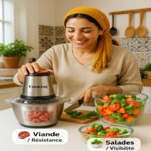 Femme marocaine utilisant le hachoir électrique Cooking 3L pour préparer kefta et légumes – double bol inox et verre.